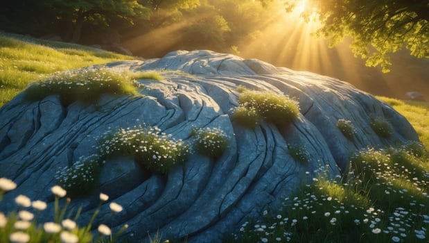 Serene sunlight illuminating a grassy rock formation in a tranquil forest setting with wildflowers photo