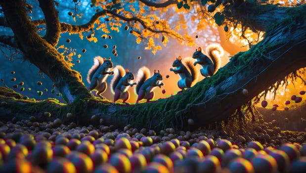 Playful squirrels gather acorns on a mossy branch in a vibrant forest at sunset photo