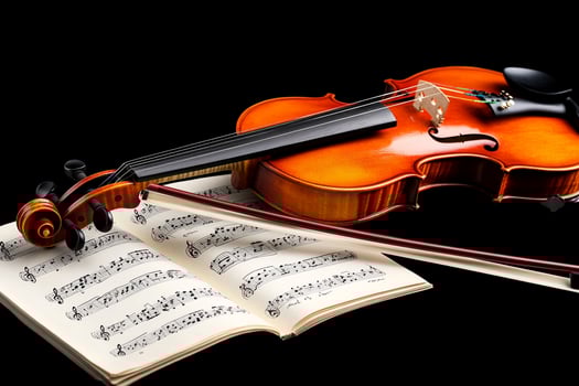 A violin and music book on a black background photo