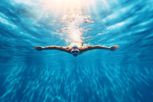 A man swimming underwater in the ocean photo