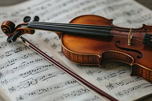 A violin and sheet music on a wooden table photo