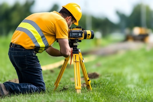 A man in yellow shirt and hard hat is using a tripod to take a picture photo
