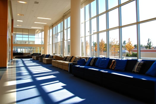 A long hallway with lots of windows and lots of blue couches photo
