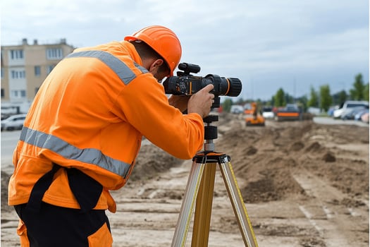 A man in an orange safety vest is taking a photo of a construction site