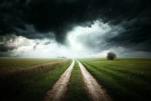 A dirt road leads to a field with a storm in the sky photo