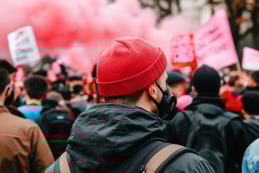 A man wearing a red hat and a black jacket is standing in front of a crowd of people photo