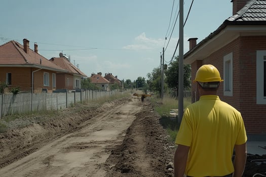 A man in a yellow shirt walking down a dirt road photo