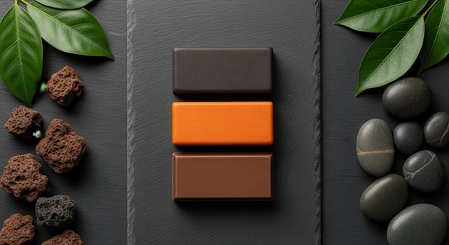 Three chocolate bars with leaves and rocks photo