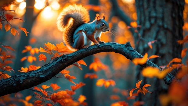 Squirrel perched on a branch surrounded by vibrant autumn leaves in a serene forest setting photo