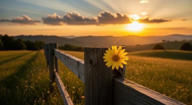 A sunflower sits on a fence post in a field photo