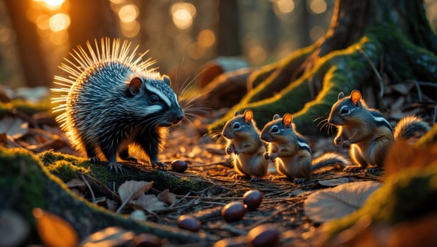 A hedgehog interacts with three curious chipmunks in a sunlit forest, surrounded by fallen leaves and acorns photo