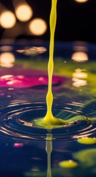 A yellow liquid being poured into a blue liquid photo