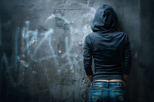 Young Woman Wearing Hoodie Standing with Back to Camera Against Graffiti Wall in Urban Setting photo
