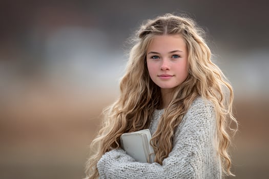 Young Girl with Long Blonde Curly Hair Wearing Cozy Sweater Holding Book Outdoors photo