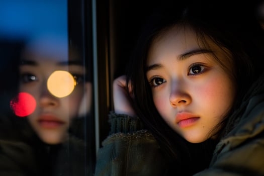 A young woman looks out the window at night photo