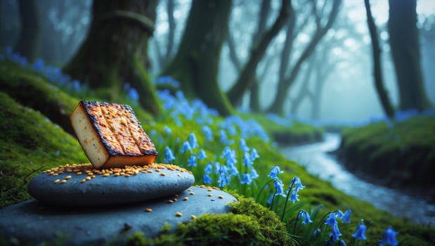 A block of cheese resting on a stone in a serene forest with bluebells and a gentle stream photo