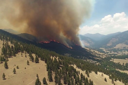 A large fire is burning in the mountains photo