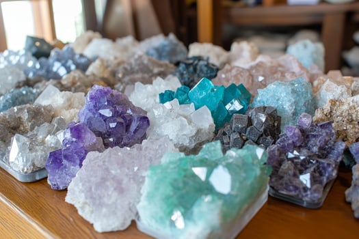 A table full of different colored crystals photo