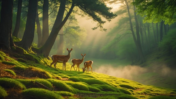 Serene forest scene with deer grazing on lush green moss, sunlight filtering through trees photo