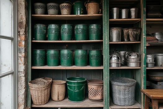 A shelf with many green and brown pots photo