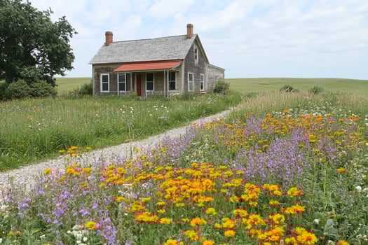 A small house surrounded by flowers photo