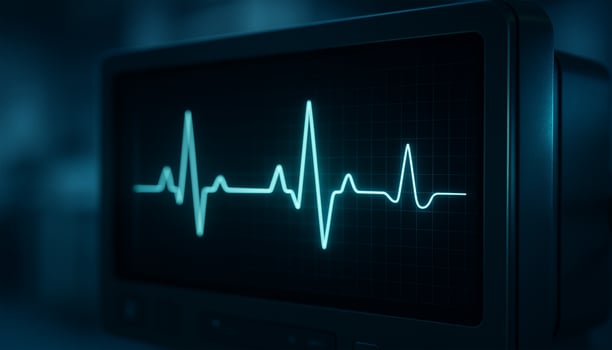 Pulsating neon blue ECG line on dark medical monitor in clinical macro shot photo
