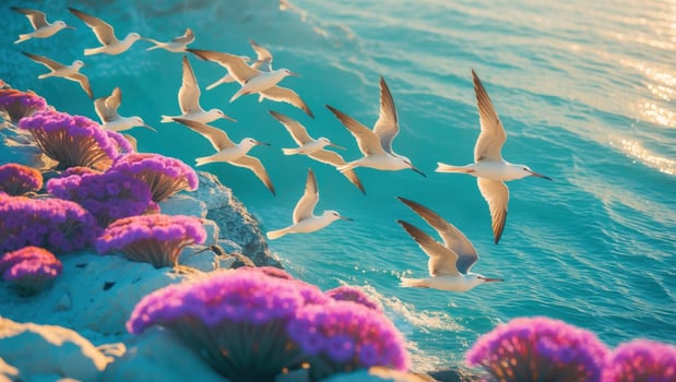 Flock of seagulls flying over vibrant purple flowers by the ocean at sunset, creating a serene scene photo