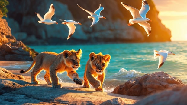 Two playful lion cubs exploring a rocky beach at sunset, with seagulls flying above and waves crashing photo
