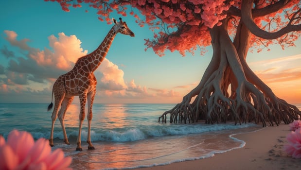 A serene giraffe standing on a beach at sunset, surrounded by pink flowers and a majestic tree photo