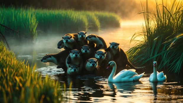 A playful group of otters swimming in a misty river, with swans nearby and lush green grass in the background photo