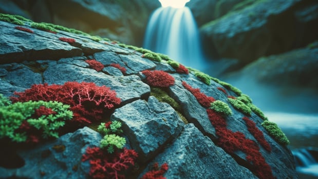 Vibrant moss-covered rocks near a serene waterfall, showcasing nature's beauty and tranquility photo