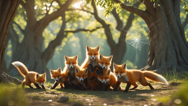 A playful group of foxes gathered in a sunlit forest clearing, surrounded by lush greenery and trees photo