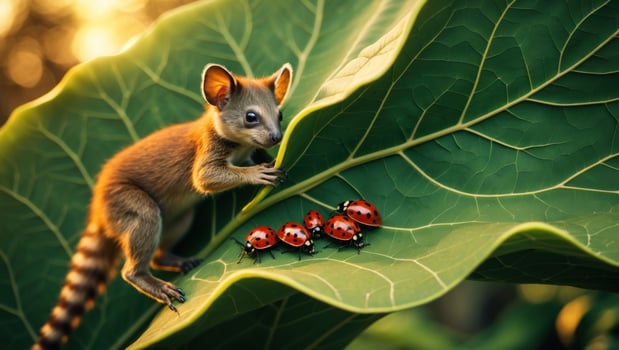 Small mammal climbing on a large green leaf with ladybugs in a vibrant natural setting photo