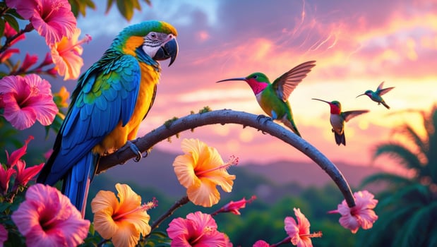 Colorful tropical birds perched on a branch amidst vibrant flowers at sunset in a lush landscape photo