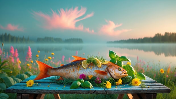 Freshly caught fish displayed on a rustic wooden table by a serene lake at sunrise, surrounded by vibrant flowers photo