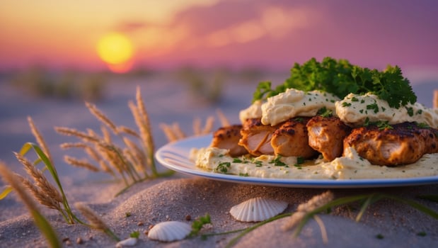 Grilled chicken served on a plate with creamy sauce, set against a vibrant sunset on the beach photo