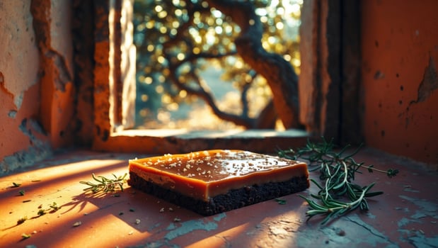 A delicious square dessert with caramel topping sits on a rustic windowsill surrounded by greenery photo