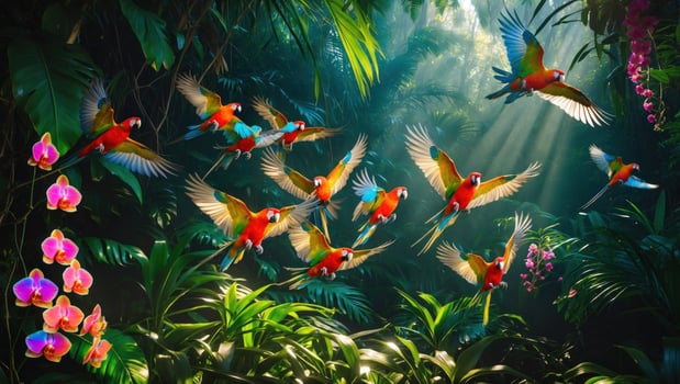 Vibrant flock of macaws soaring through a lush tropical rainforest with sunlight filtering through foliage photo