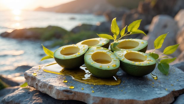 Fresh avocados cut in half with olive oil droplets on a stone, set against a serene coastal sunset photo