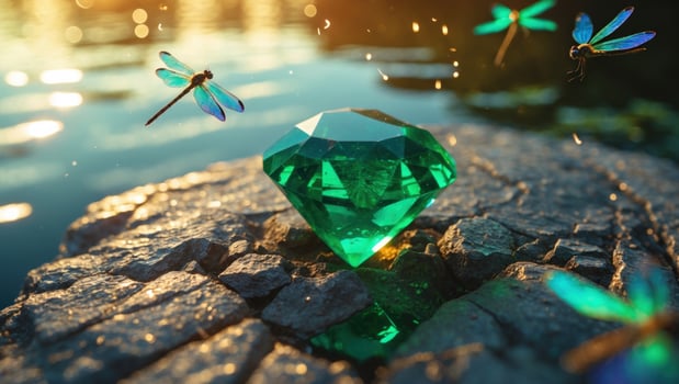 Sparkling emerald gem resting on a rocky shore by a tranquil lake, with dragonflies fluttering nearby photo