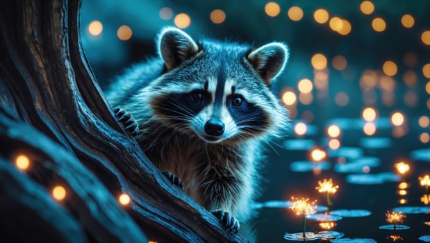 A curious raccoon peering from behind a tree near a serene pond illuminated by glowing lights photo
