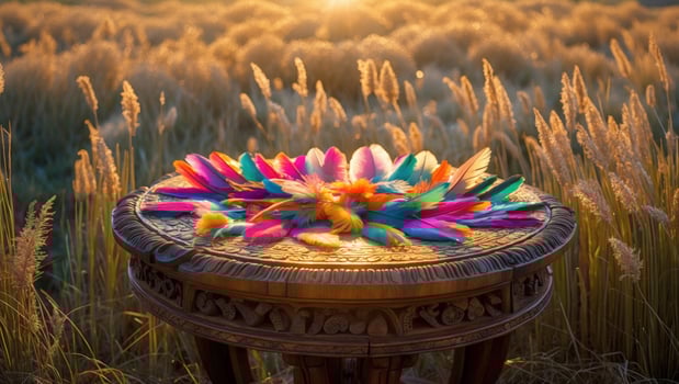 Vibrant feathers arranged on a decorative table in a golden field during sunset, evoking tranquility photo