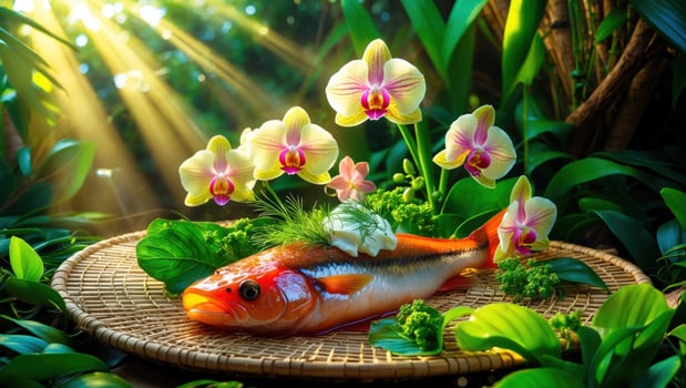 Vibrant red fish garnished with herbs and flowers on a woven platter amidst lush green foliage photo