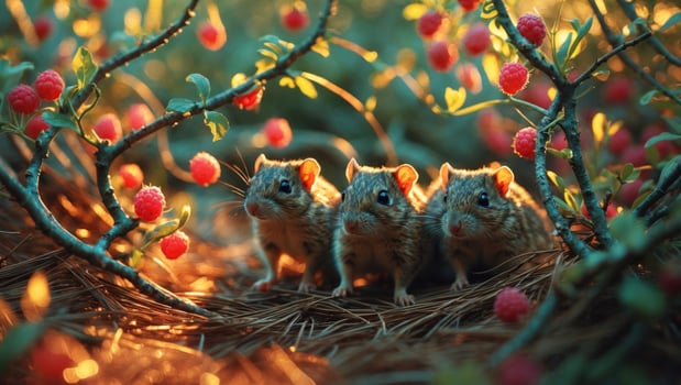 Three adorable small mammals exploring a vibrant berry patch under soft golden light in a lush forest photo
