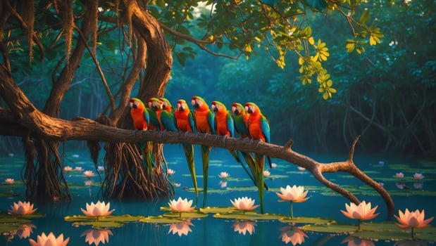 Colorful parrots perched on a branch over a serene pond with blooming lotus flowers in a lush forest photo