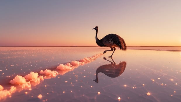 A solitary bird gracefully walks across a shimmering salt flat at sunset, reflecting vibrant colors photo
