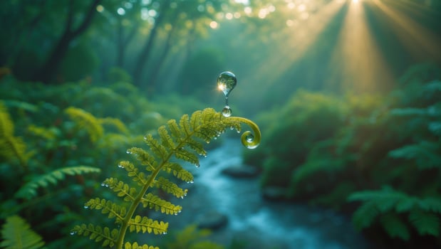 Dewdrop on Fern Leaf in Lush Forest with Sunlight Filtering Through Trees and Stream in Background photo