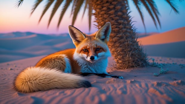 A serene desert scene featuring a fox resting beside a palm tree during sunset in a sandy landscape photo