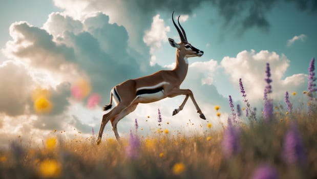 A graceful antelope leaps through a vibrant field of wildflowers under a dramatic sky photo