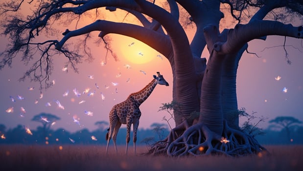 Majestic giraffe standing gracefully near a large baobab tree at sunset with colorful butterflies fluttering photo